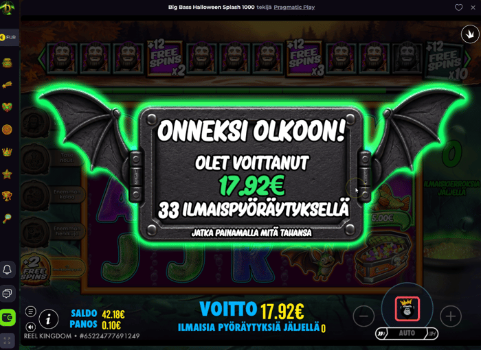 Big Bass Halloween Splash 1000 -kolikkopelin 17,92 €:n voitto 33 ilmaispyöräytyksellä Drakaris Casinolla.