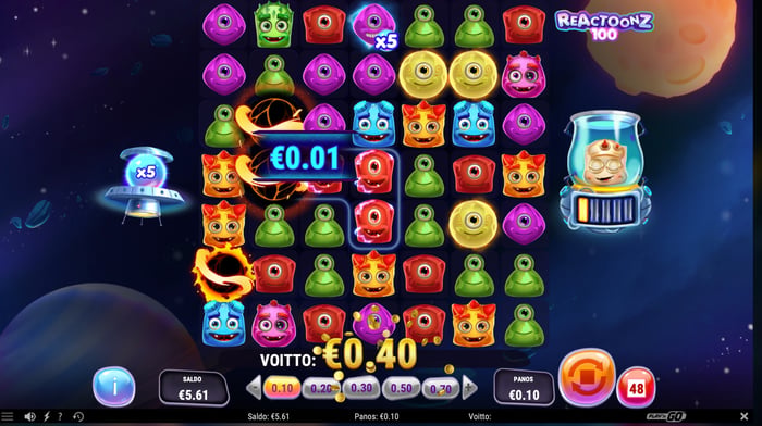 Hurmio-kasinon Reactoonz 100 -pelissä saatu 0,40 euron voitto