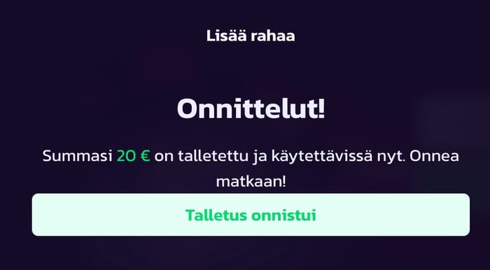 Pelipeto Casinon ilmoitus onnistuneesta talletuksesta.