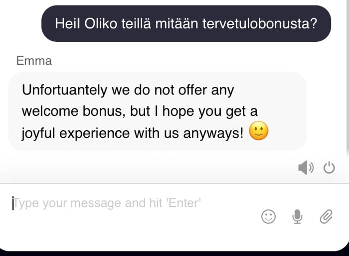 Onerush kasinon vastaus bonuskysymykseen live chatissa.