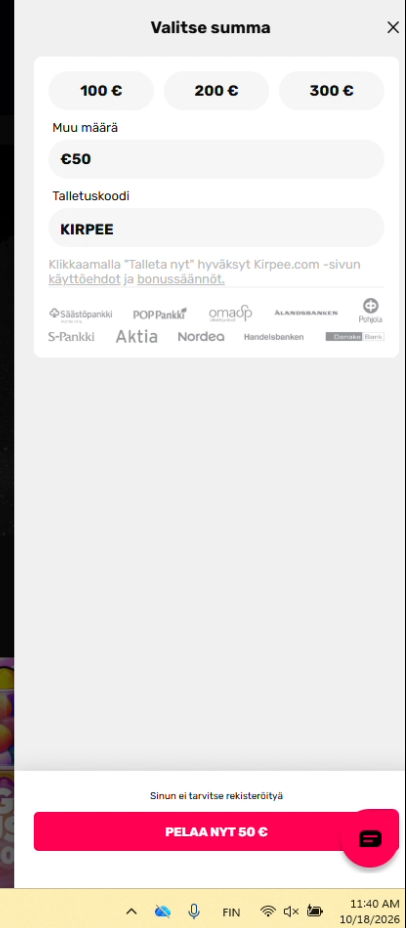 50 euron talletus Kirpee Kasinolle Zimplerin talletuslomakkeella.