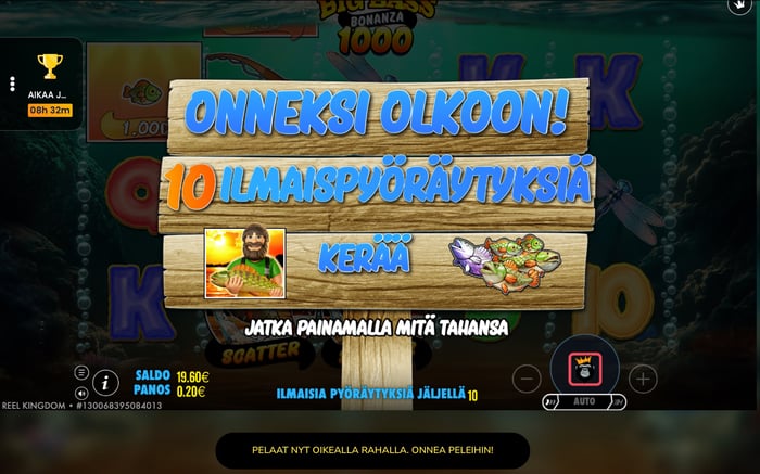 Hurmio-kasinon Big Bass Bonanza 1000 -pelin 10 ilmaista bonuspyöräytystä