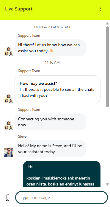Oliver Casinon Live Support -chat-ikkuna, jossa asiakaspalvelija Steve esittäytyy ja tarjoaa apuaan.