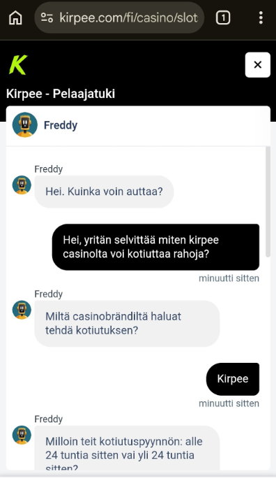Kotiutuskysymys Kirpeen live-chatissa.