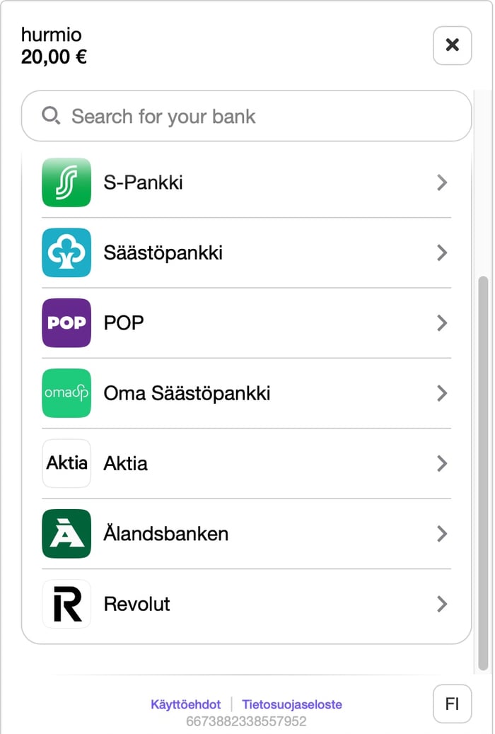 Hurmio-kasinon 20 euron talletusnäkymä, jossa näkyvät suomalaiset pankkivaihtoehdot ja Revolut