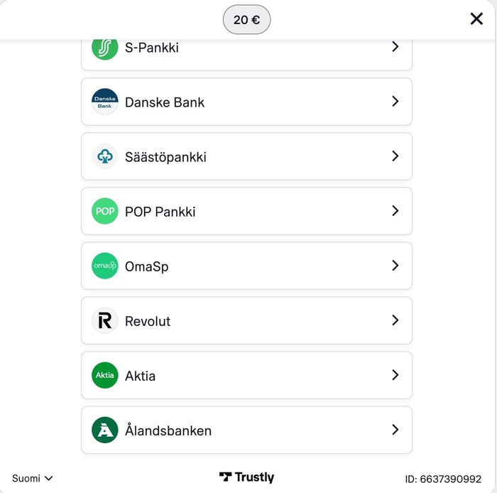 Trustlyn tarjoama pankkilistaus Vivatbet Casinolla.