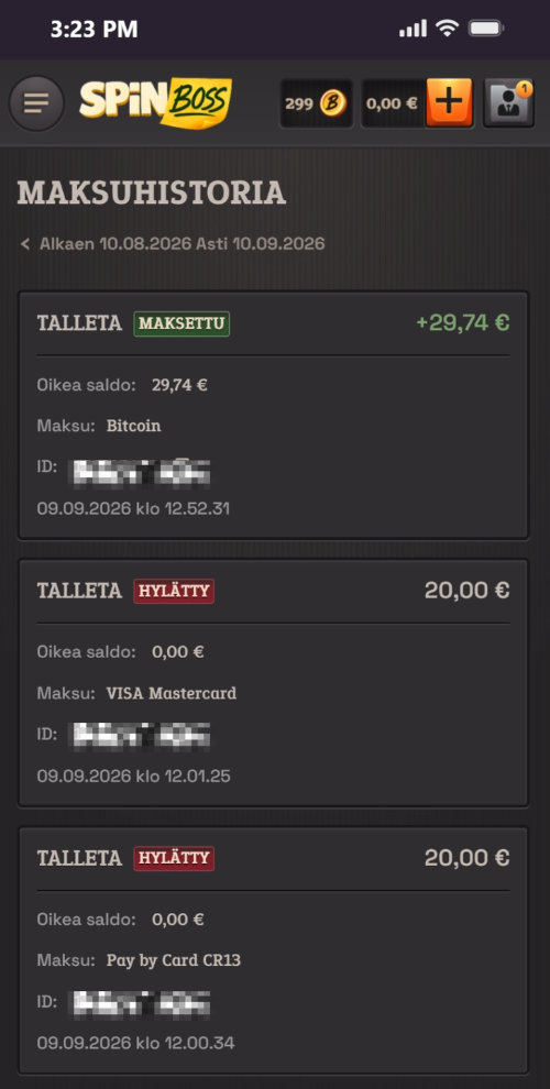 Spinbossin maksuhistorian näkymä hylätyillä korttimaksuilla.