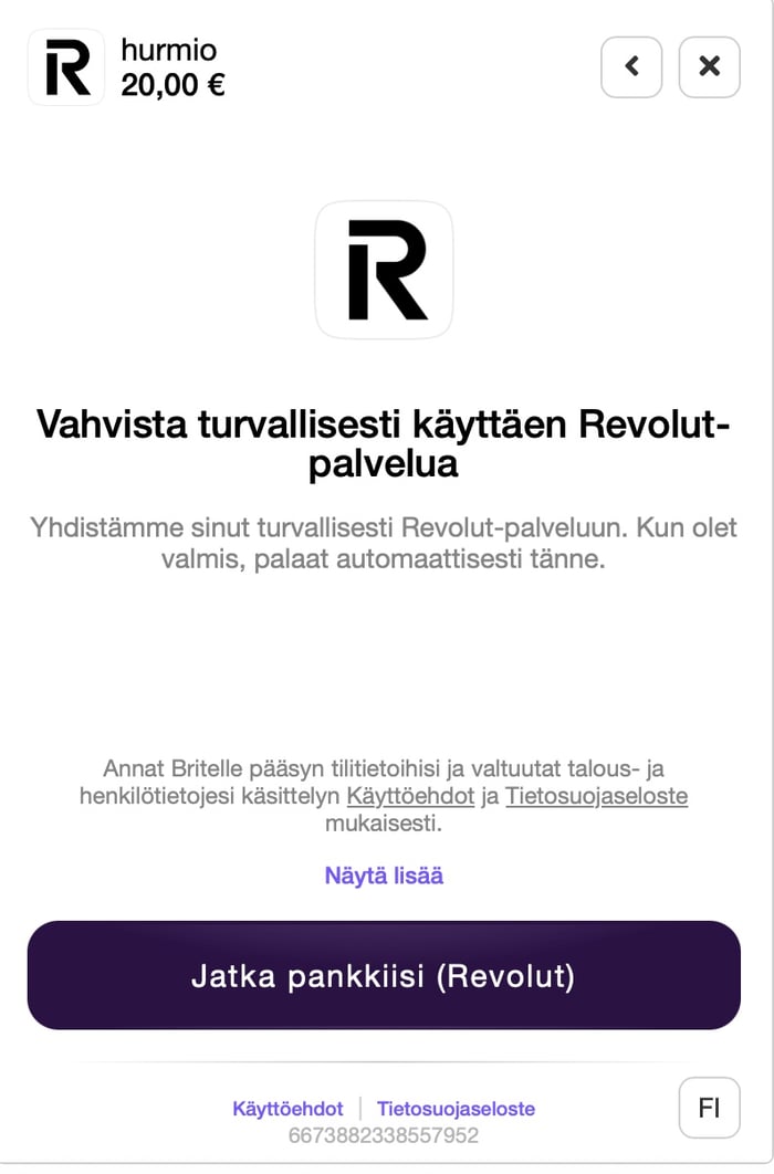 Hurmio-kasinon 20 euron talletuksen vahvistus Revolut-palvelun kautta