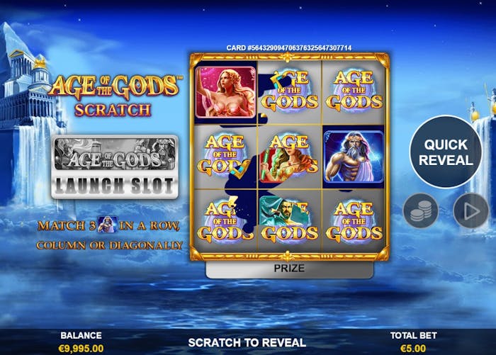 Raaputusarpa Age of the Gods Scratch, jossa pelaaja yrittää saada kolme samaa symbolia voittaakseen.