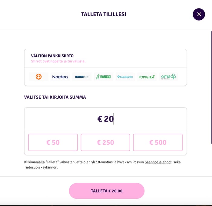 Talletustavan valinta Possulla 20 euron talletukselle.