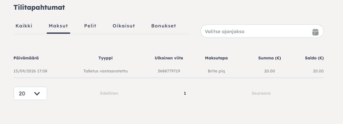 Tilitapahtumat Oh Casinolla.