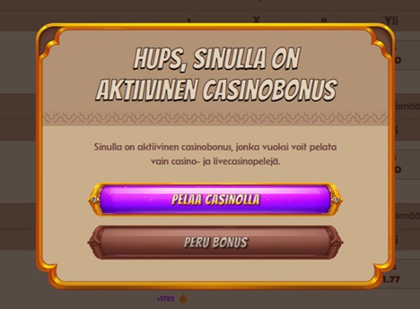 Alawin Casinon ponnahdusikkuna ilmoittaa aktiivisesta casinobonuksesta ja tarjoaa vaihtoehdot ‘Pelaa casinolla’ tai ‘Peru bonus’.