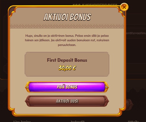 Alawin Casinon ‘Aktivoi bonus’ -ikkuna, jossa 30 € First Deposit Bonus on jo aktiivinen ja valittavana ovat ‘Pidä bonus’ ja ‘Aktivoi uusi.