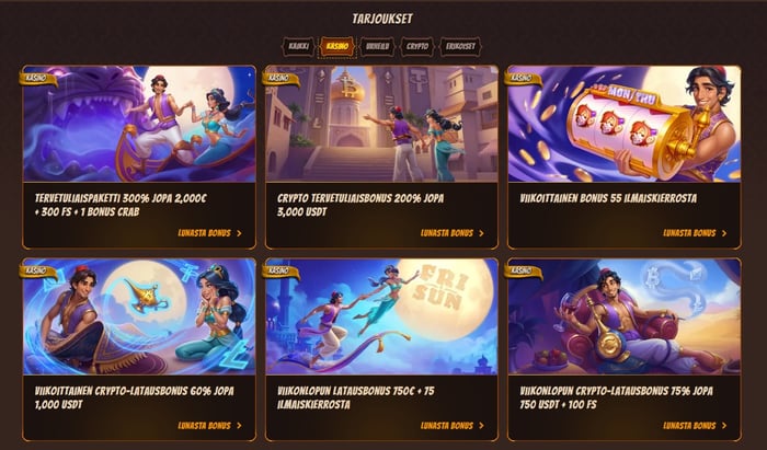 Alawin Casino bonukset käyvät sekä kasinolle että vedonlyöntiin. Mukana ovat myös kryptobonukset ja erikoiset tarjoukset.