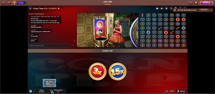 Alawin Casinon Crazy Time -livepelin Coin Flip -bonus, jossa juontaja ja kaksi kolikkoa tarjoavat 3x ja 15x kertoimet sekä chat-keskustelun.