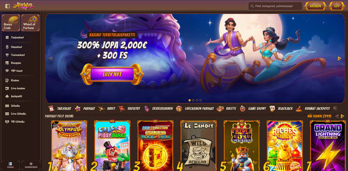 Alawin Casinon etusivu näyttää 300 % bonuksen jopa 2000 euroon asti ja 300 ilmaiskierrosta. Taustalla Aladdin teema.