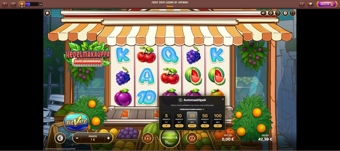 Alawin Casinon Fruit Shop Grand Re-Opening -kolikkopelin ruutu, jossa automaattipeli-ikkuna ja 1 € kierrospanos näkyvät hedelmäkaupan edessä.
