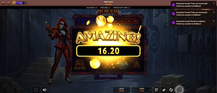 Alawin Casinon Joker Heist -kolikkopelin voittonäyttö, jossa pelaaja saa 16,20 € ‘Amazing’ -voiton ja tehtäväilmoituksia.