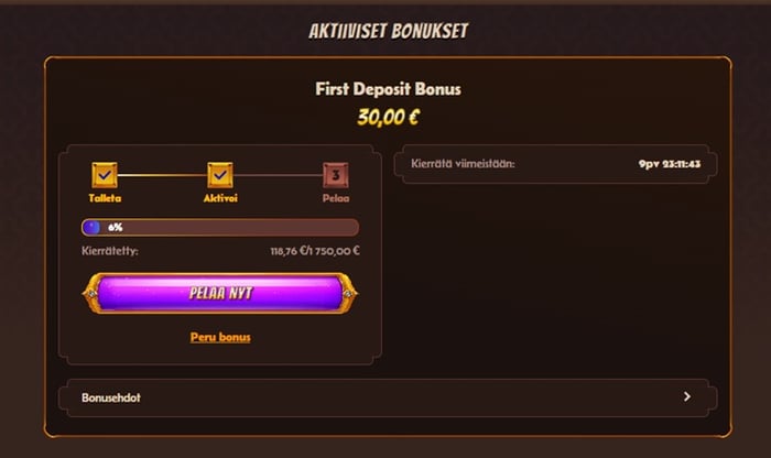 Alawin Casinon aktiiviset bonukset -näyttö, jossa 30 € First Deposit Bonus, 6% kierrätettynä ja edistymispalkkiot sekä ‘Pelaa nyt’ -painike..