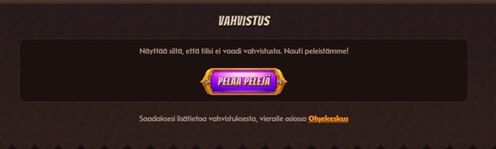 Alawin Casinon ilmoitus, jonka mukaan pelaajan tili ei tällä hetkellä vaadi KYC-tarkistusta eikä lisäasiakirjoja..