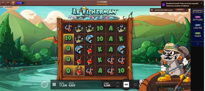 Alawin Casinon Le Fisherman -kolikkopelin ruutu, jossa kalastusaiheinen ristikko, maskottikalastaja veneessä ja oikeassa reunassa Wonderpot‑jackpotit.