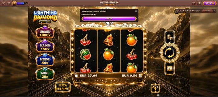 Alawin Casinon Lightning Diamond VIP -kolikkopeli, jossa näkyvät 1000x grand-jackpot, hedelmäsymbolit ja talletuskehotus ‘Saldosi hupenee.
