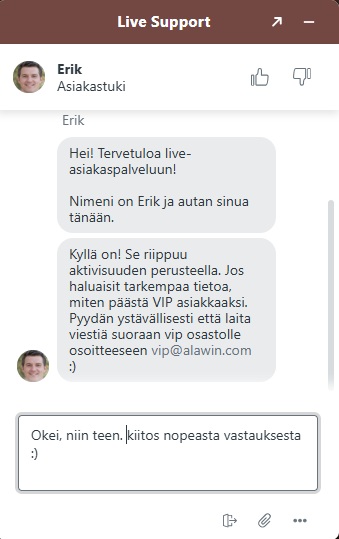 Alawin Casino live chat vastaa VIP-ohjelmaan pääsyä koskevaan kysymykseen.