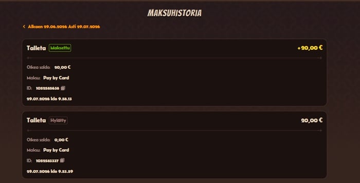 Alawin Casinon maksuhistoria-sivu, jossa näkyy yksi onnistunut 20 € talletus ja yksi hylätty talletus Pay by Card -maksutavalla..