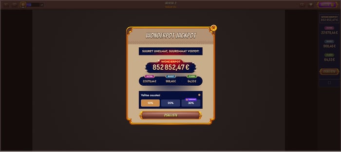 Alawin Casinon Mental 2 -kolikkopelin Wonderpot Jackpot -ikkuna, jossa pääpalkinto on 852 852,47 € ja pelaaja valitsee 10–30% osuuden..