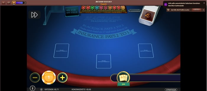 Alawin Casinon Multihand Blackjack -pöytä Pragmatic Playlta, jossa kolme tyhjää pelipaikkaa, 1 € minimipanos ja ilmoitus bonuksen kierrätysvaatimuksista.