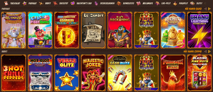 Alawin Casinon peliaulan kategoriat ja suosituimmat kolikkopelit, mm. Gates of Olympus, Cash Connection ja Grand Lightning.