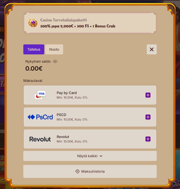 Alawin Casinon talletusikkuna, jossa näkyvät Pay by Card, PSCD ja Revolut -maksutavat sekä tervetuliaisbonus 300% jopa 2 000 € + 300 FS + 1 Bonus Crab..