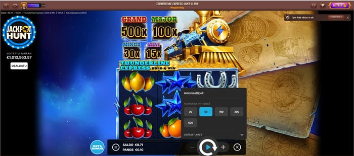 Alawin Casinon Thunderline Express Hold & Win -kolikkopelin ruutu, jossa näkyvät 500x grand‑jackpot, automaattipeli-asetukset ja hedelmäsymbolit.