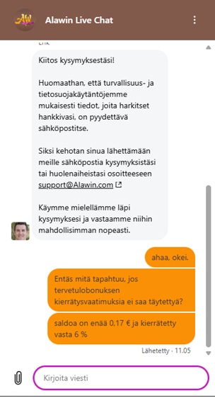 Alawin Casinon live-chat, jossa asiakaspalvelija ohjaa pelaajaa lähettämään bonuksiin liittyvät kysymykset sähköpostitse ja pelaaja tiedustelee kierrätysehtoja.