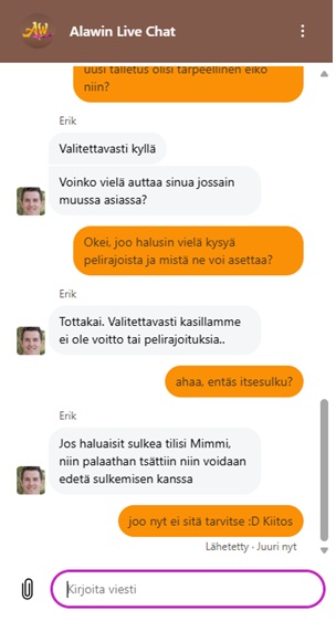 Alawin Casinon live-chat, jossa asiakaspalvelija kertoo, ettei pelirajoja voi asettaa ja että tilin sulkeminen onnistuu pyynnöstä..