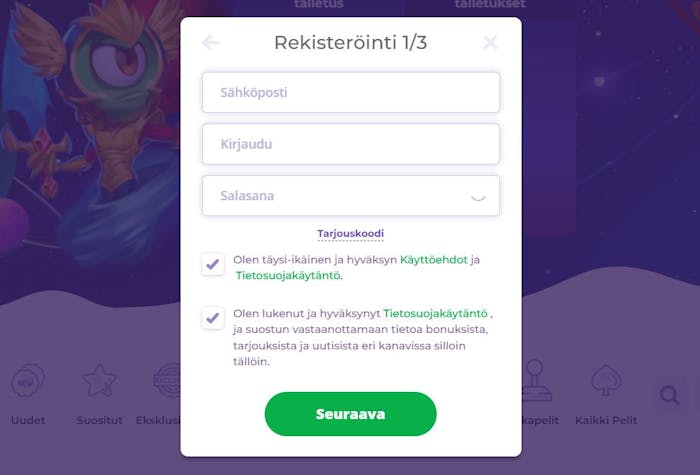 alfcasino ilmoittautumissivu