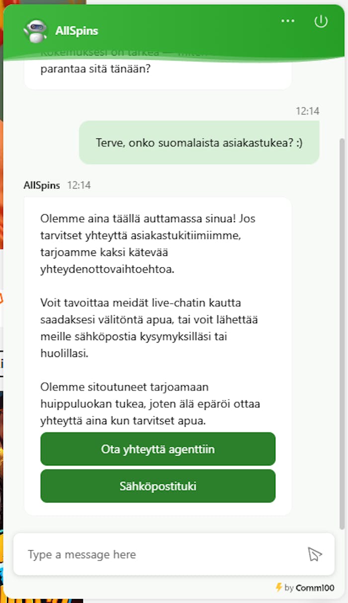 Allspins Casinon live-chat, jossa viestiini vastasi automaattisesti chatbot.