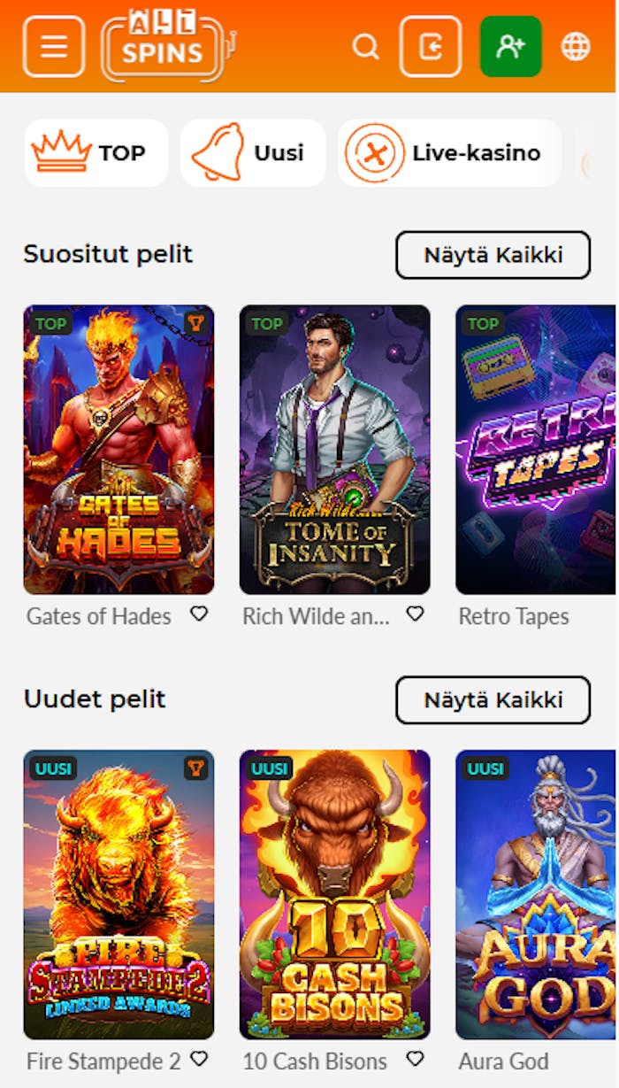 Allspins Casinon peliaula, jossa näkyy muutamia suosituimpia ja uusimpia kolikkopelejä.