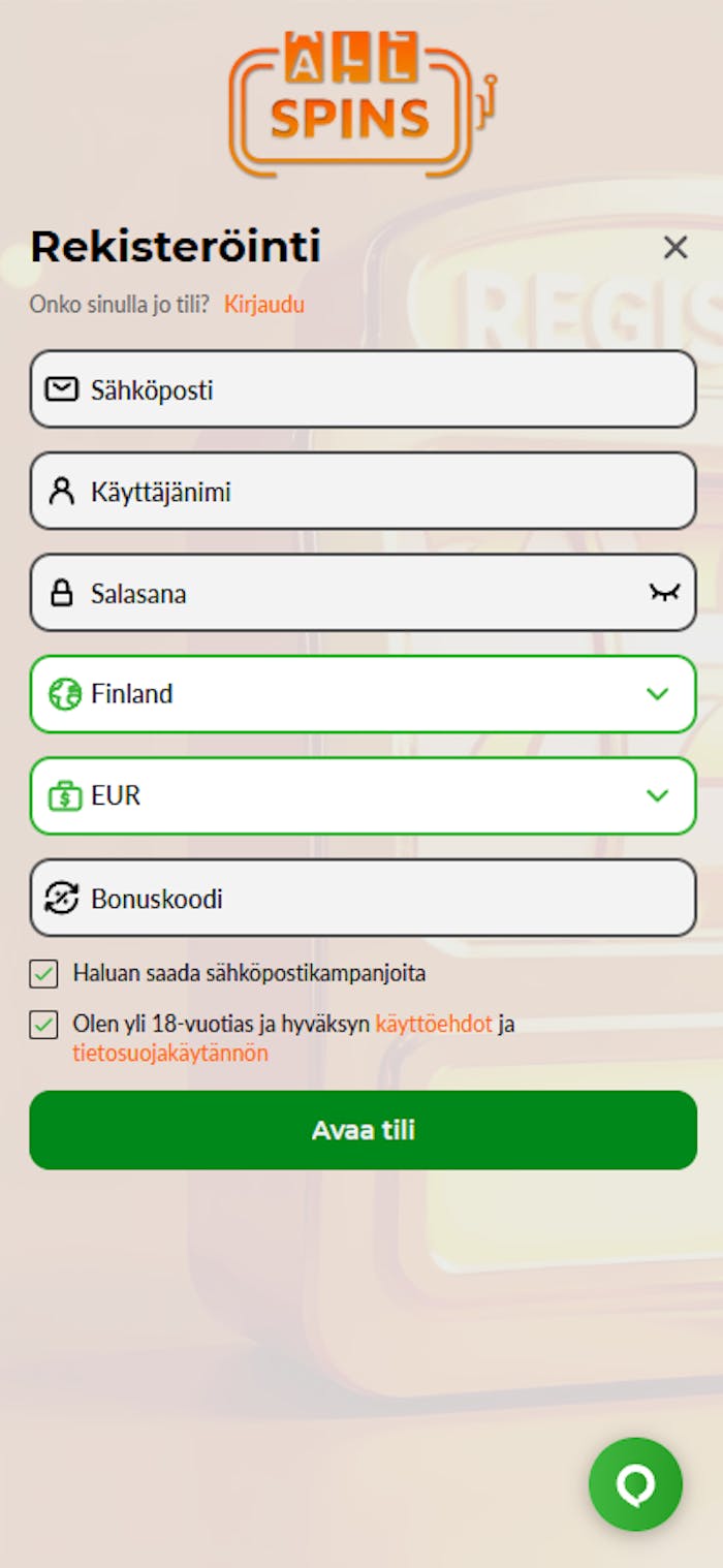 Allspins Casinon suomenkielinen rekisteröintilomake.