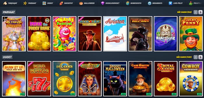 AllySpin tarjoaa laajan pelivalikoiman, joka on jaoteltu selkeästi pienempiin osiin.