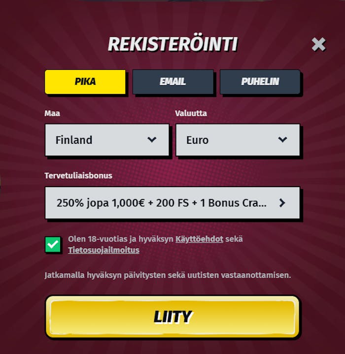 AllySpin Casinolle voi rekisteröityä myös pikana ilman, että ennen pelaamista tarvitsee antaa tarkempia tietoja.