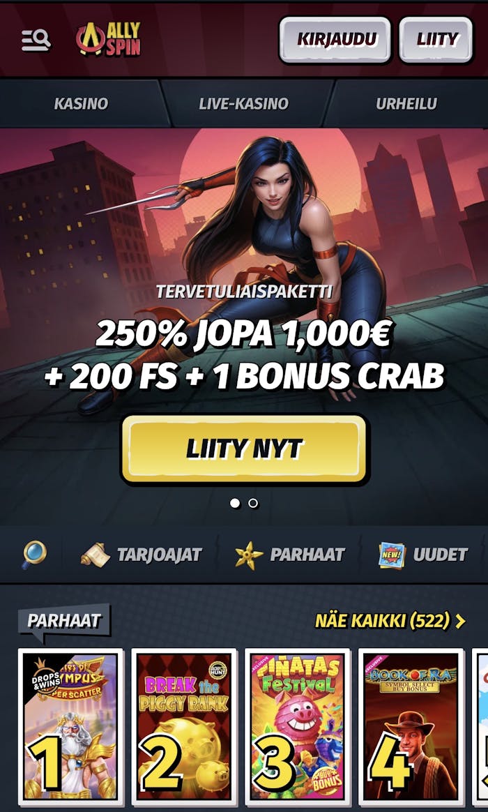 AllySpin tervetuliaisbonus sisältää jopa 1 000 € bonusrahaa ja 200 ilmaiskierrosta.