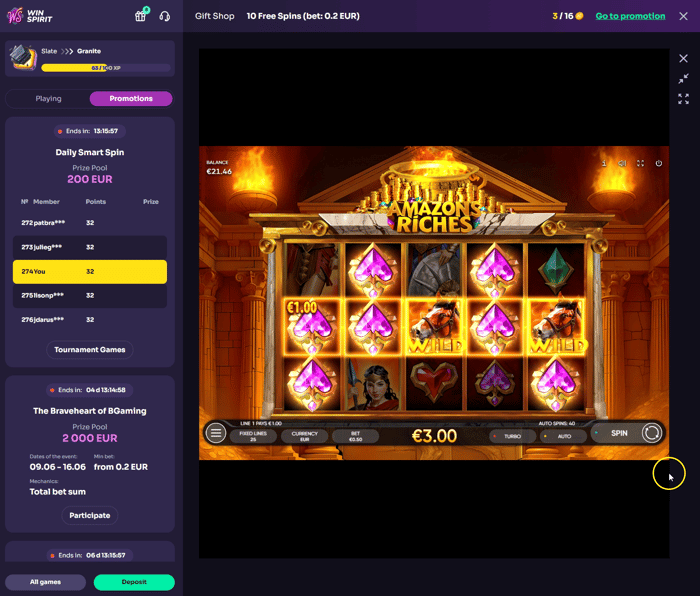 WinSpirit Casino Amazon's Riches -kolikkopeli turbo-tilassa, 5 of a kind voitto 3,00 €, saldo 21,46 € ja panos 0,50 €.