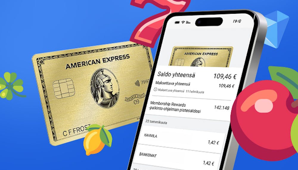 Kultainen American Express -kortti ja Amex-sovellus älypuhelimessa