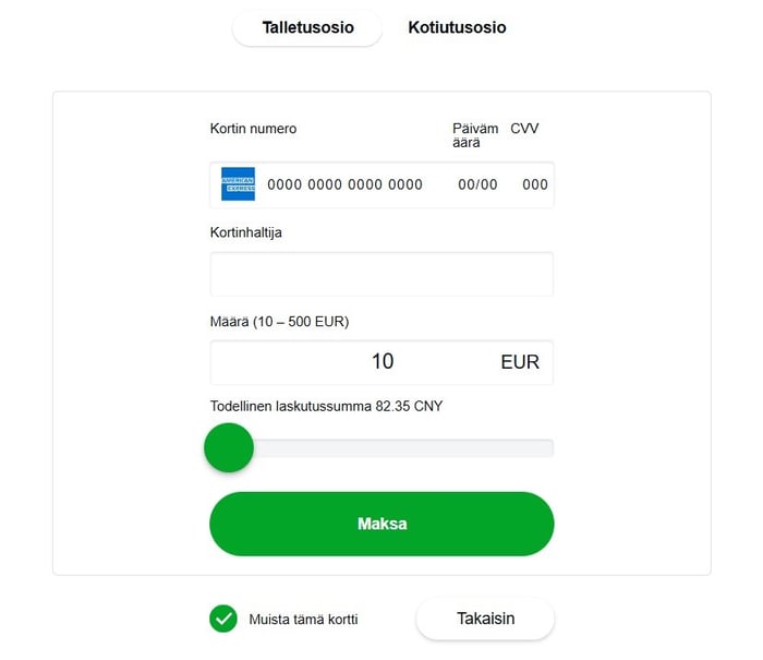Kuvakaappaus talletuksen tekemisestä kasinolle Amex-kortilla.