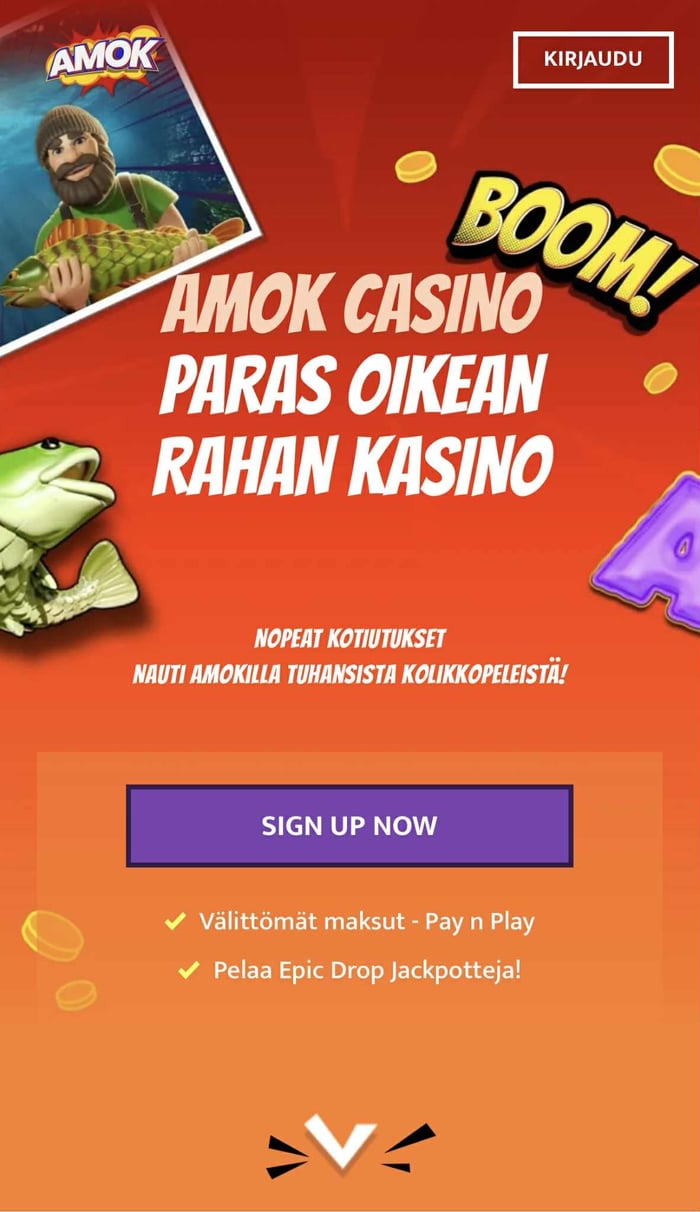Amok Casinon mobiiliaulan näkymä, jossa on esillä tervetuliaisbonus.