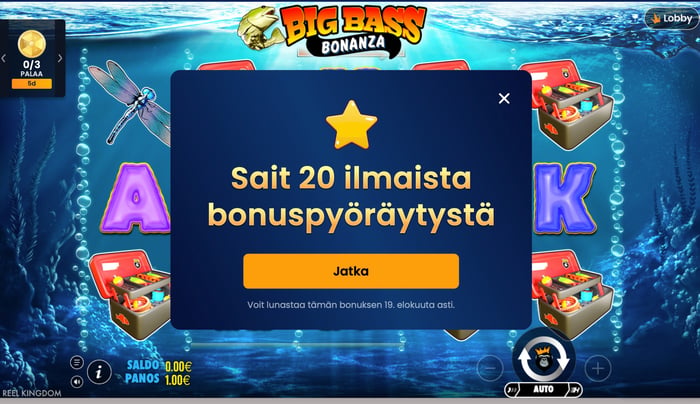 Andromedasino Casino tarjoaa uusille pelaajille 20 ilmaiskierrosta lisää Big Bass Bonanza -peliin.