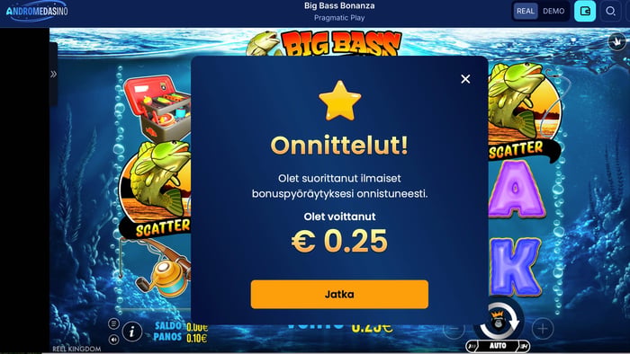 Big Bass Bonanza -pelin 20 ilmaiskierrosta toivat yhteensä 0,25 € voittoja.
