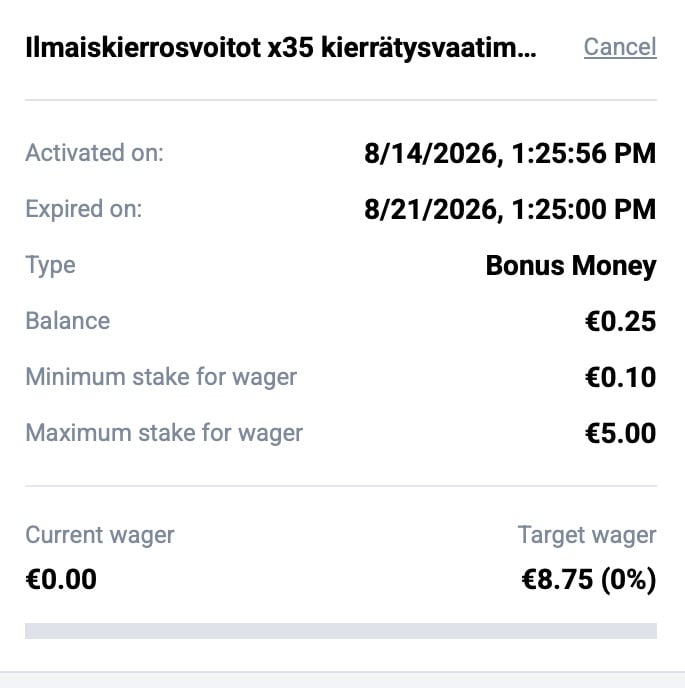 Big Bass Bonanza -ilmaiskierrosten voittojen kierrätys edellyttää 8,75 € pelaamista.