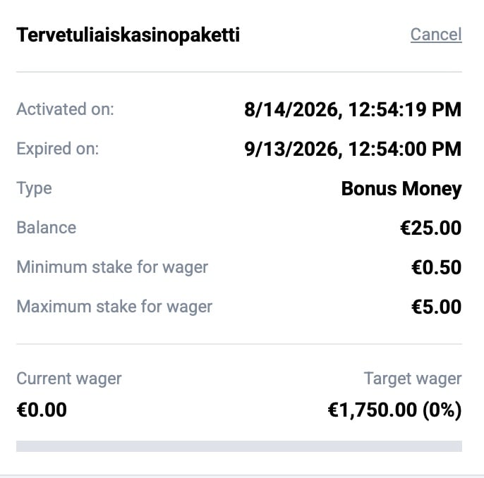 Andromedasino Casinon talletusbonuksen kierrättäminen edellyttää 1 750 eurolla pelaamista.